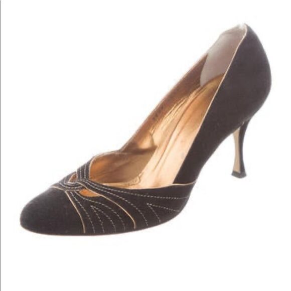 Dolce & Gabbana Suede Pointed Toe Heels sz 6.5 Black & Gold - Picture 3 of 8